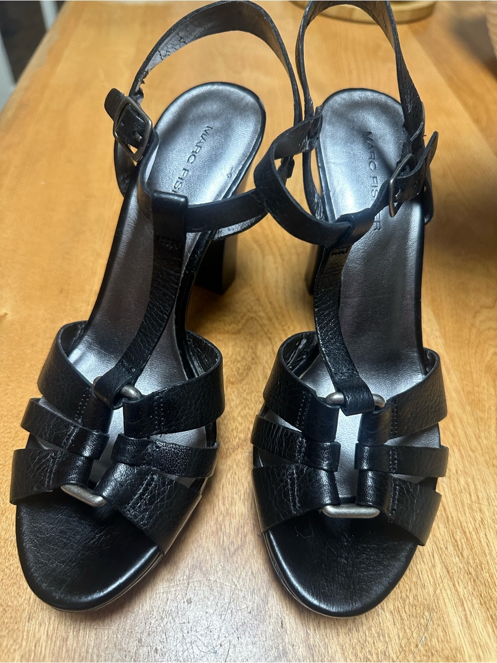 Marc Fisher Black Leather T-Strap Block Heel Sandals with Buckle